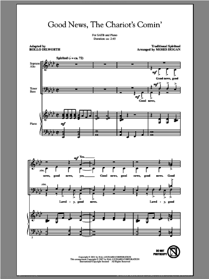 Good News, The Chariot's Comin' sheet music for choir (SATB: soprano, alto, tenor, bass) by Moses Hogan, intermediate skill level