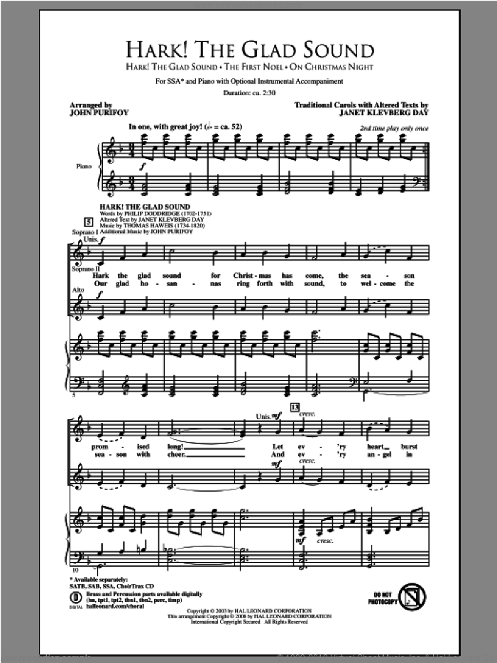 Hark! The Glad Sound (Medley) sheet music for choir (SSA: soprano, alto) by John Purifoy, intermediate skill level