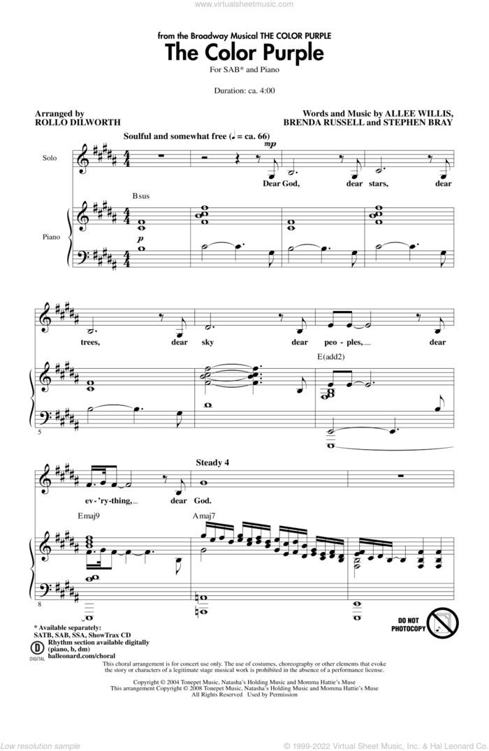 The Color Purple sheet music for choir (SAB: soprano, alto, bass) by Rollo Dilworth, intermediate skill level