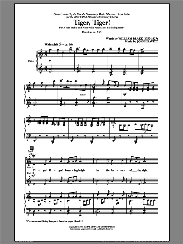 Tiger, Tiger! sheet music for choir (3-Part Treble) by John Leavitt, intermediate skill level