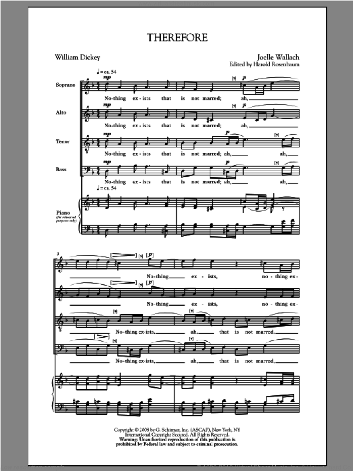 Therefore sheet music for choir (SATB: soprano, alto, tenor, bass) by Joelle Wallach, intermediate skill level