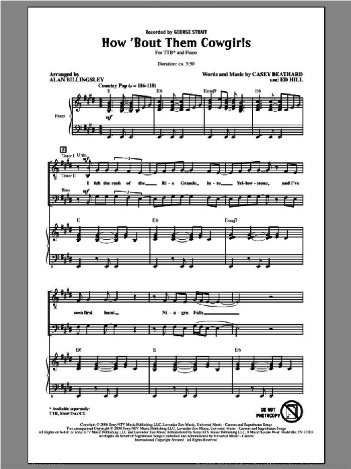 How 'Bout Them Cowgirls sheet music for choir (TTBB: tenor, bass) by Alan Billingsley and George Strait, intermediate skill level