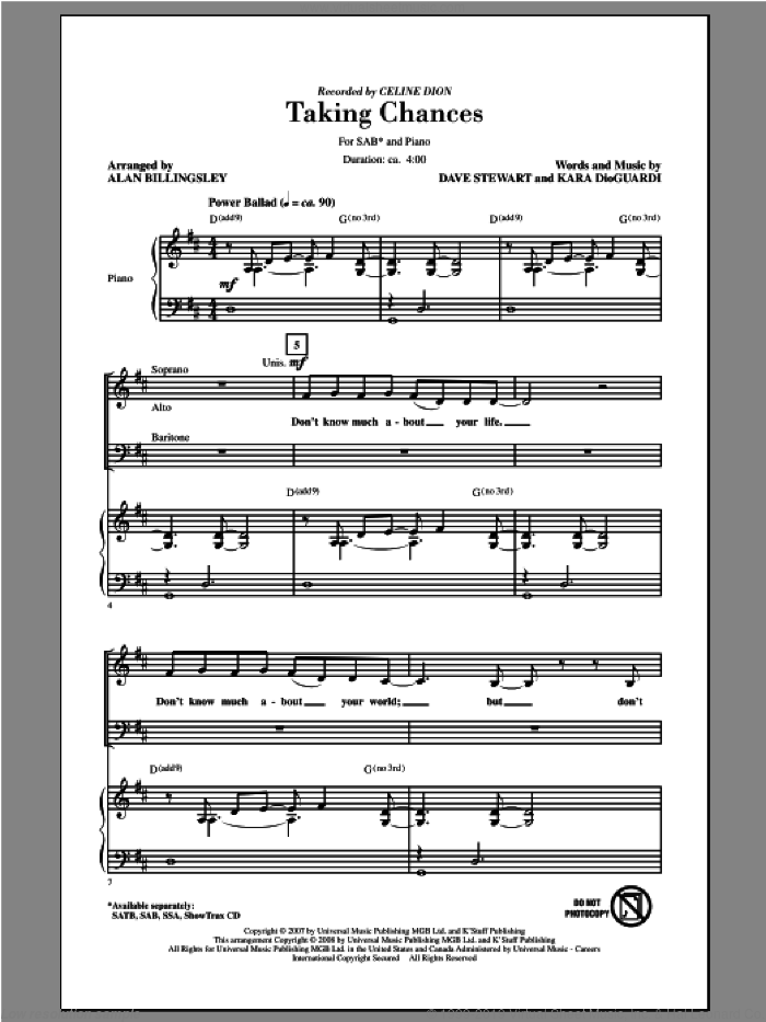 Taking Chances sheet music for choir (SAB: soprano, alto, bass) by Alan Billingsley and Celine Dion, intermediate skill level