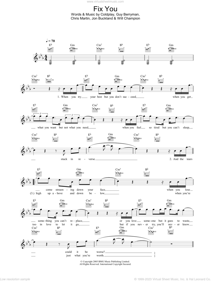 Fix You sheet music for voice and other instruments (fake book) by Coldplay, Chris Martin, Guy Berryman, Jon Buckland and Will Champion, intermediate skill level