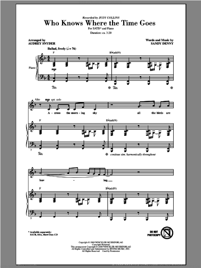 Who Knows Where The Time Goes sheet music for choir (SATB: soprano, alto, tenor, bass) by Audrey Snyder and Judy Collins, intermediate skill level