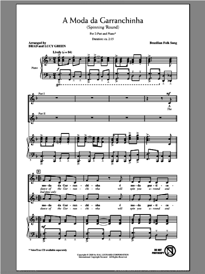 A Moda Da Garranchinha (Spinning 'Round) sheet music for choir (2-Part) by Brad Green and Lucy Green, intermediate duet