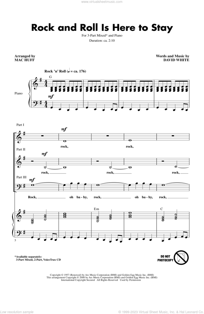 Rock And Roll Is Here To Stay sheet music for choir (3-Part Mixed) by Mac Huff, intermediate skill level