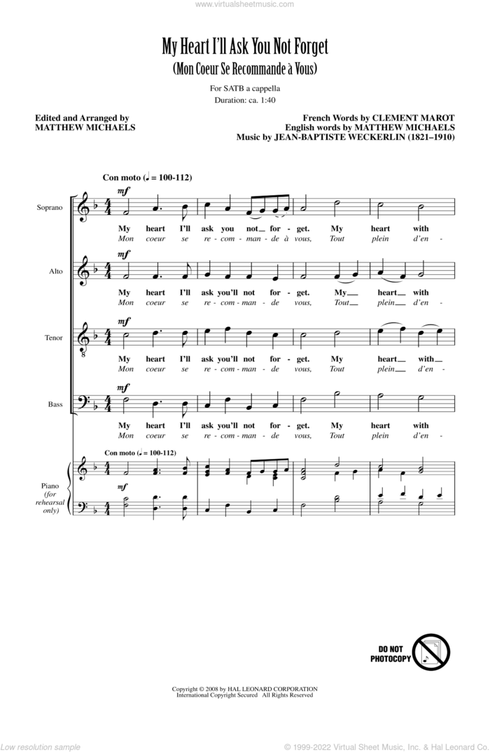 My Heart I'll Ask You Not Forget (Mon Coeur Se Recommande A Vous) sheet music for choir (SATB: soprano, alto, tenor, bass) by Matthew Michaels, intermediate skill level