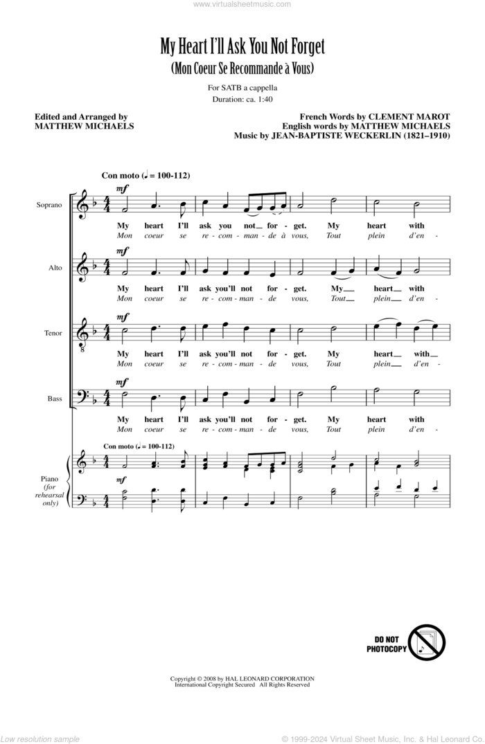 My Heart I'll Ask You Not Forget (Mon Coeur Se Recommande A Vous) sheet music for choir (SATB: soprano, alto, tenor, bass) by Matthew Michaels, intermediate skill level