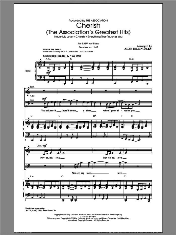 Cherish (The Association's Greatest Hits) sheet music for choir (SAB: soprano, alto, bass) by Alan Billingsley and The Association, intermediate skill level