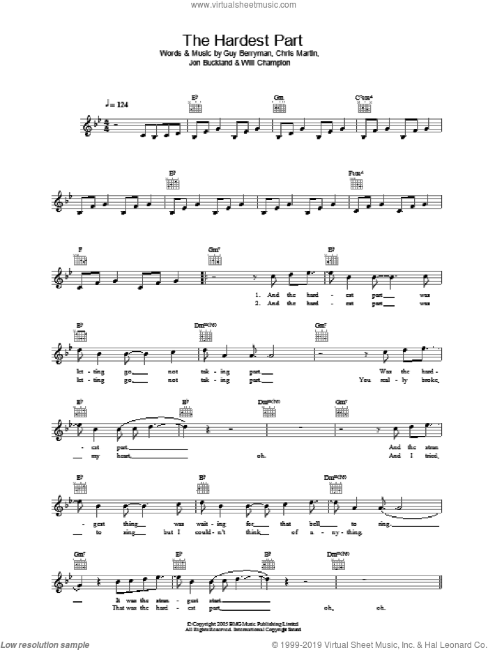 The Hardest Part sheet music for voice and other instruments (fake book) by Coldplay, Chris Martin, Guy Berryman, Jon Buckland and Will Champion, intermediate skill level