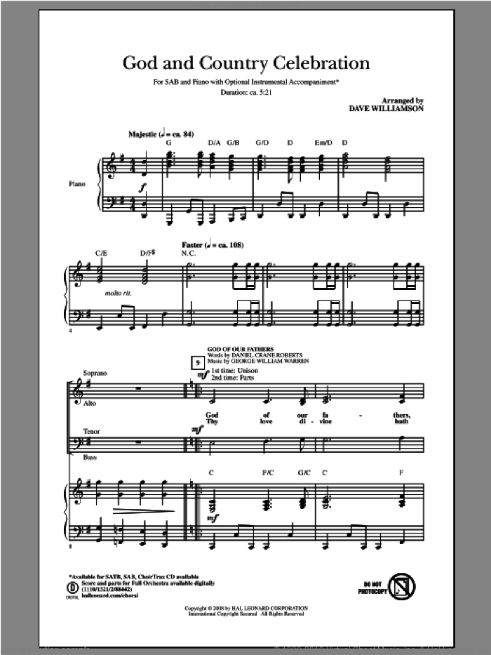 God and Country Celebration (Medley) sheet music for choir (SAB: soprano, alto, bass) by Dave Williamson, intermediate skill level