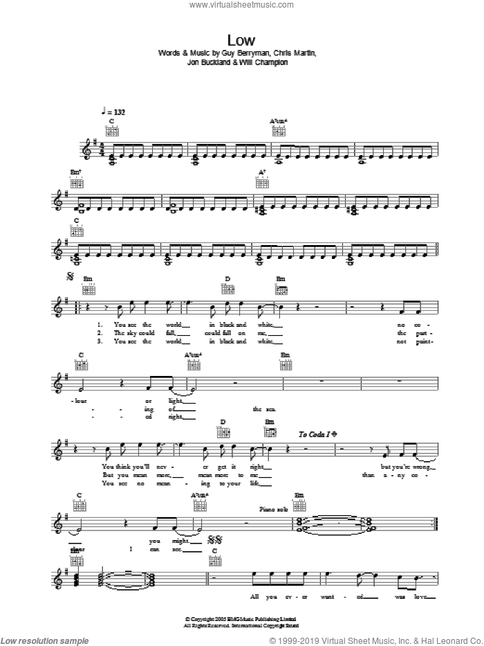 Low sheet music for voice and other instruments (fake book) by Coldplay, Chris Martin, Guy Berryman, Jon Buckland and Will Champion, intermediate skill level