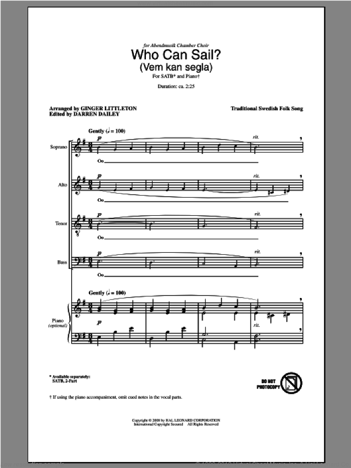 Who Can Sail? (Vem Kan Segla) sheet music for choir (SATB: soprano, alto, tenor, bass) by Ginger Littleton, intermediate skill level