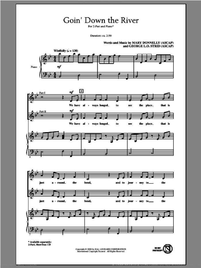 Goin' Down The River sheet music for choir (2-Part) by Mary Donnelly and George L.O. Strid, intermediate duet