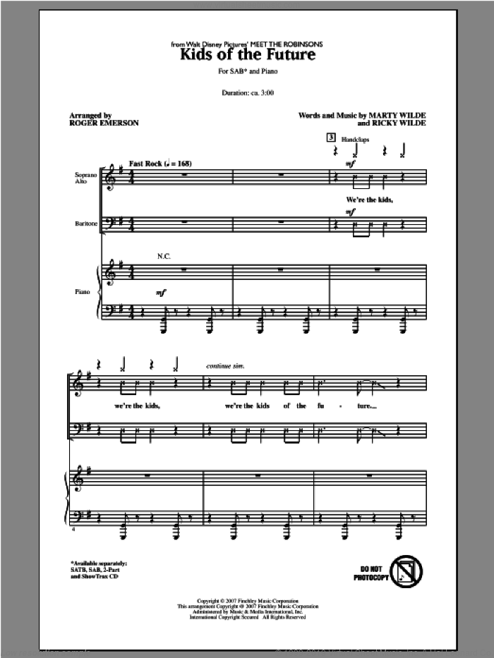 Kids Of The Future sheet music for choir (SAB: soprano, alto, bass) by Roger Emerson and Jonas Brothers, intermediate skill level