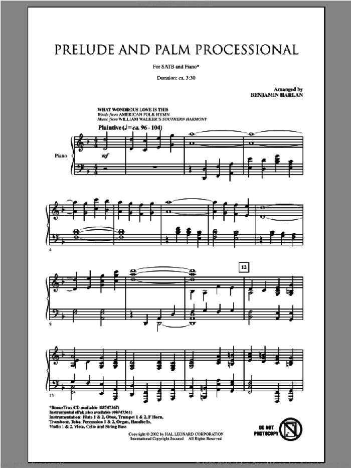 Prelude And Palm Processional sheet music for choir (SATB: soprano, alto, tenor, bass) by Benjamin Harlan, intermediate skill level