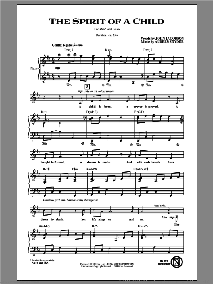 The Spirit Of A Child sheet music for choir (SSA: soprano, alto) by Audrey Snyder and John Jacobson, intermediate skill level