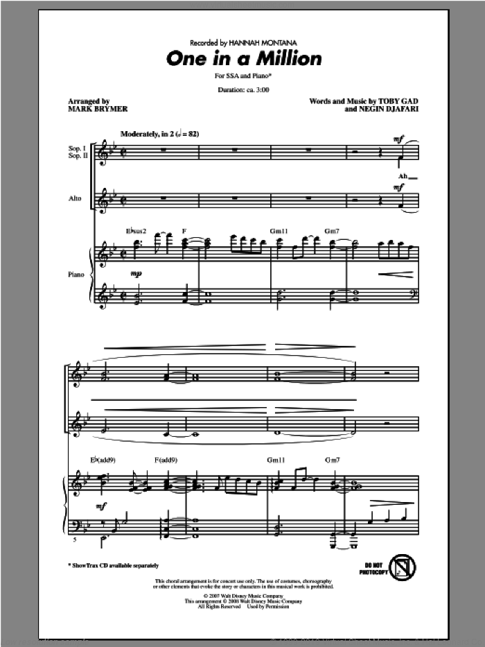 One In A Million sheet music for choir (SSA: soprano, alto) by Mark Brymer and Hannah Montana, intermediate skill level