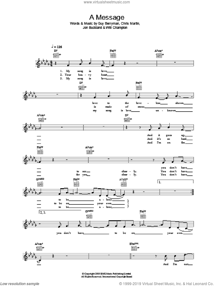 A Message sheet music for voice and other instruments (fake book) by Coldplay, Chris Martin, Guy Berryman, Jon Buckland and Will Champion, intermediate skill level