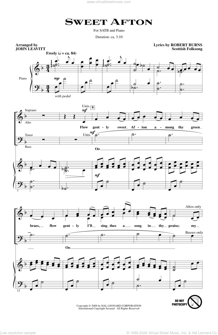 Flow Gently, Sweet Afton sheet music for choir (SATB: soprano, alto, tenor, bass) by John Leavitt, intermediate skill level