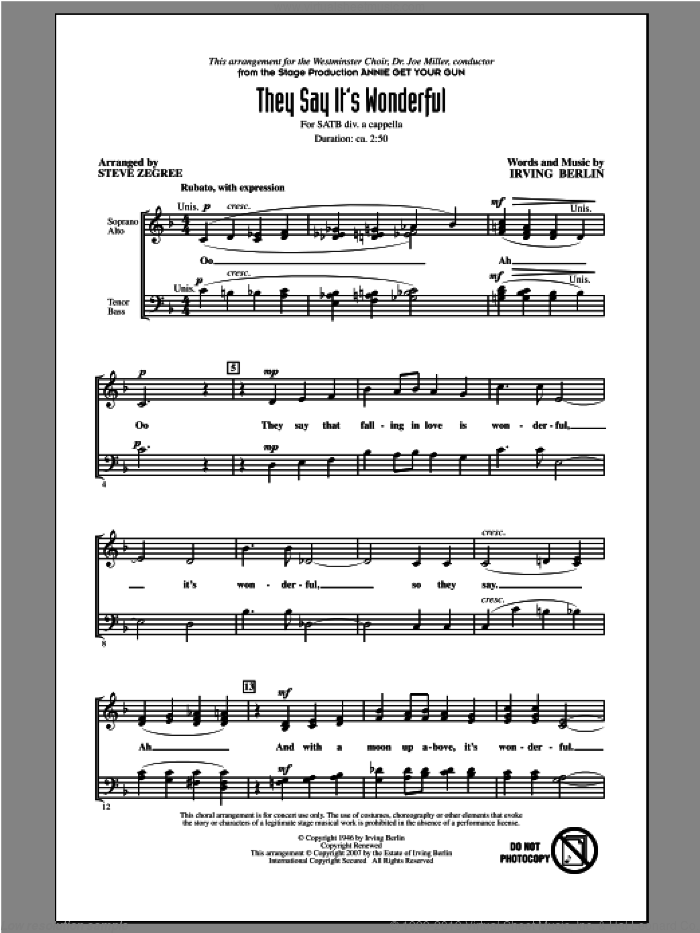 They Say It's Wonderful sheet music for choir (SATB: soprano, alto, tenor, bass) by Irving Berlin and Steve Zegree, intermediate skill level