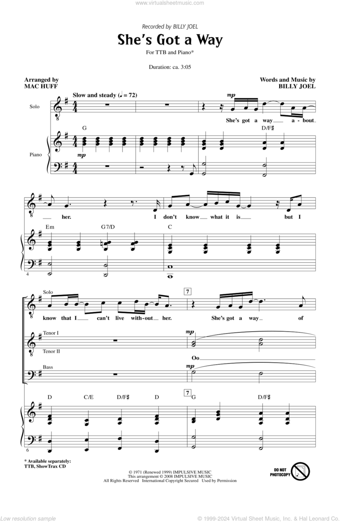 She's Got A Way sheet music for choir (TTBB: tenor, bass) by Mac Huff and Billy Joel, intermediate skill level