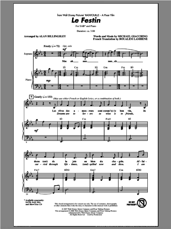 Le Festin (from Ratatouille) sheet music for choir (SAB: soprano, alto, bass) by Alan Billingsley, intermediate skill level