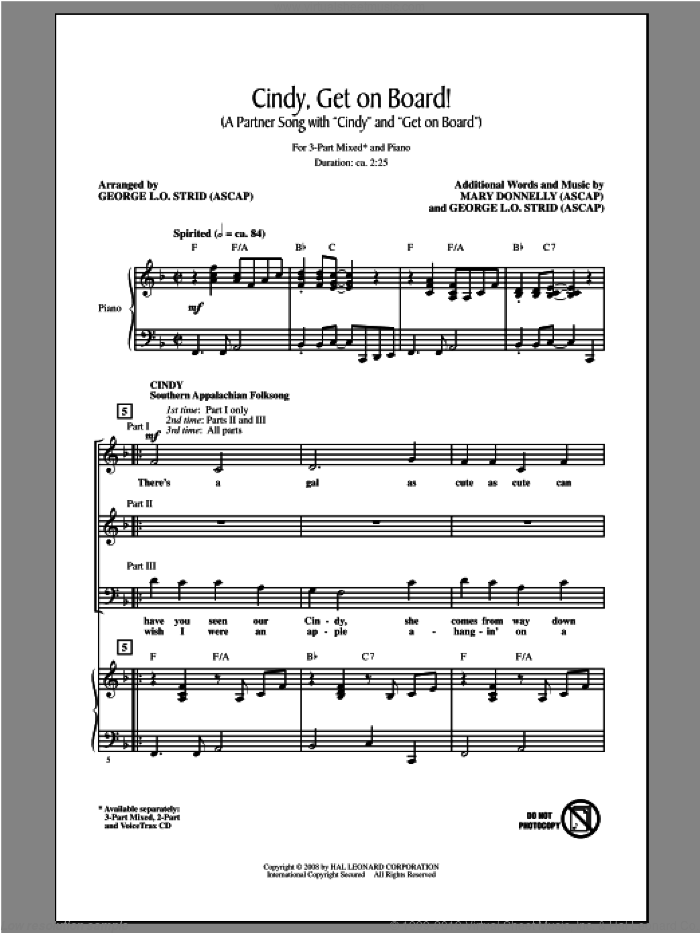 Cindy, Get On Board! sheet music for choir (3-Part Mixed) by Mary Donnelly and George L.O. Strid, intermediate skill level