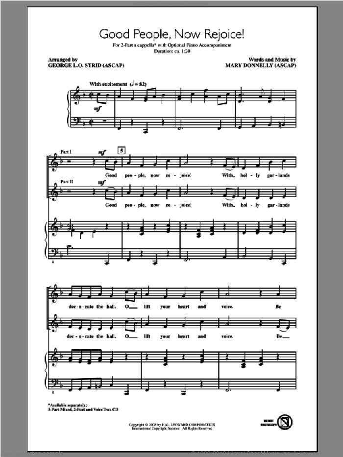 Good People, Now Rejoice! sheet music for choir (2-Part) by Mary Donnelly and George L.O. Strid, intermediate duet