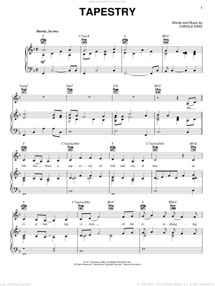 Tapestry sheet music for voice, piano or guitar by Carole King, intermediate skill level
