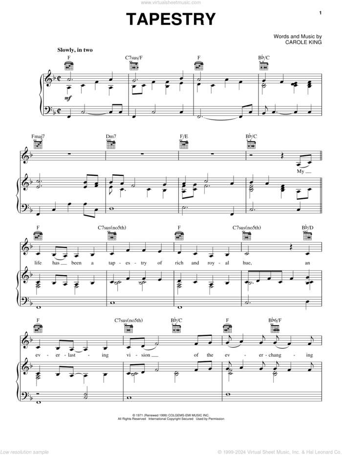 Tapestry sheet music for voice, piano or guitar by Carole King, intermediate skill level