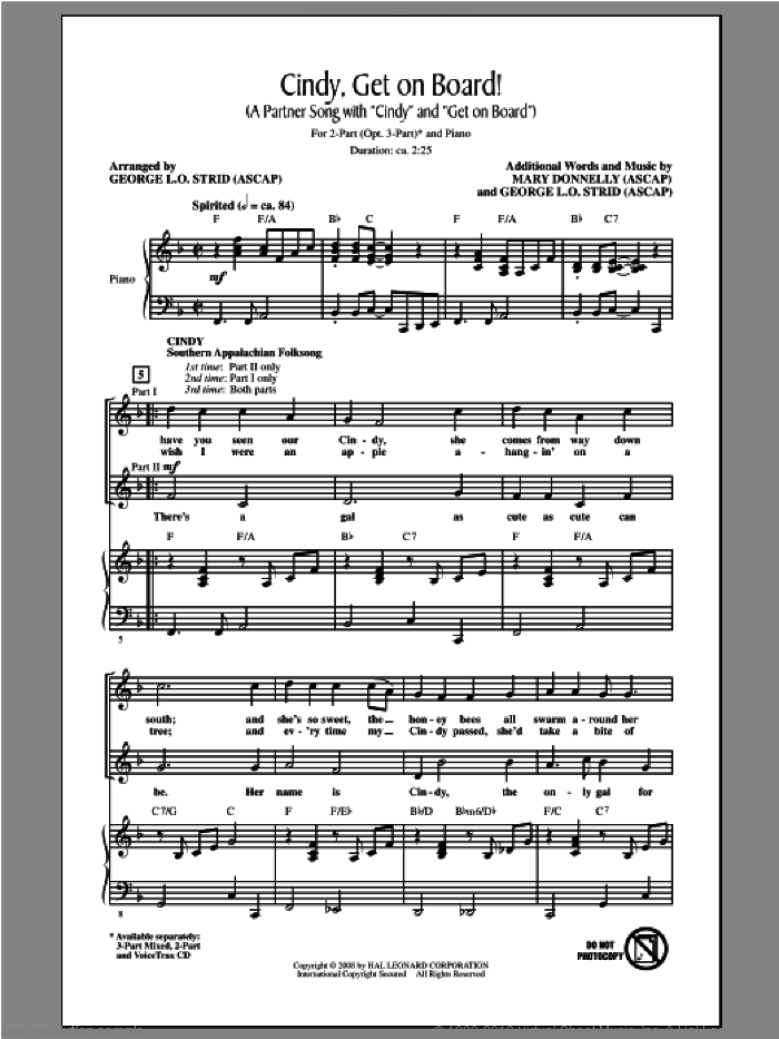 Cindy, Get On Board! sheet music for choir (2-Part) by Mary Donnelly and George L.O. Strid, intermediate duet