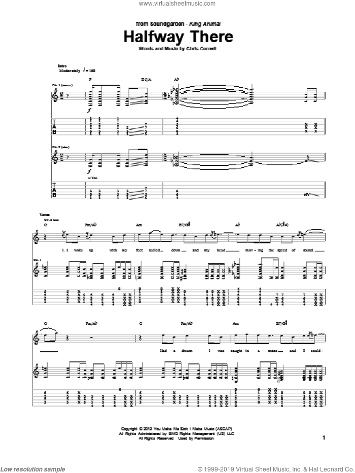Halfway There sheet music for guitar (tablature) by Soundgarden, intermediate skill level