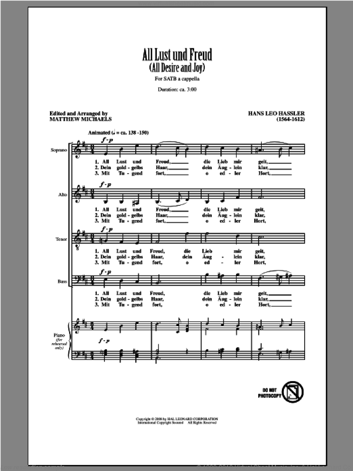 All Lust Und Freud (All Desire And Joy) sheet music for choir (SATB: soprano, alto, tenor, bass) by Matthew Michaels, intermediate skill level
