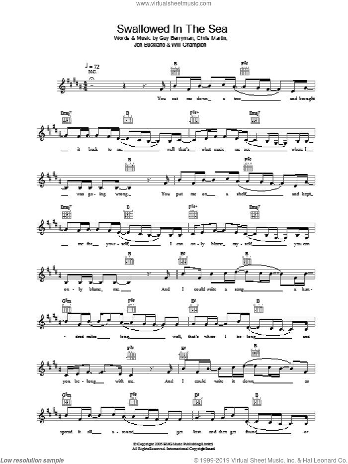 Swallowed In The Sea sheet music for voice and other instruments (fake book) by Coldplay, Chris Martin, Guy Berryman, Jon Buckland and Will Champion, intermediate skill level