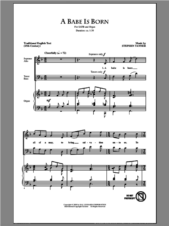 A Babe Is Born sheet music for choir (SATB: soprano, alto, tenor, bass) by Stephen Tanner, intermediate skill level