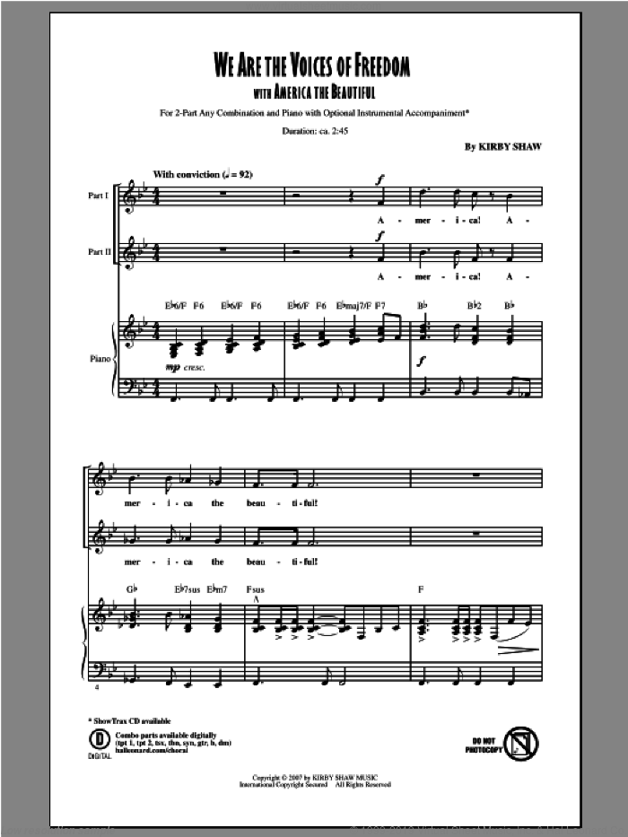 We Are The Voices of Freedom sheet music for choir (2-Part) by Kirby Shaw, intermediate duet