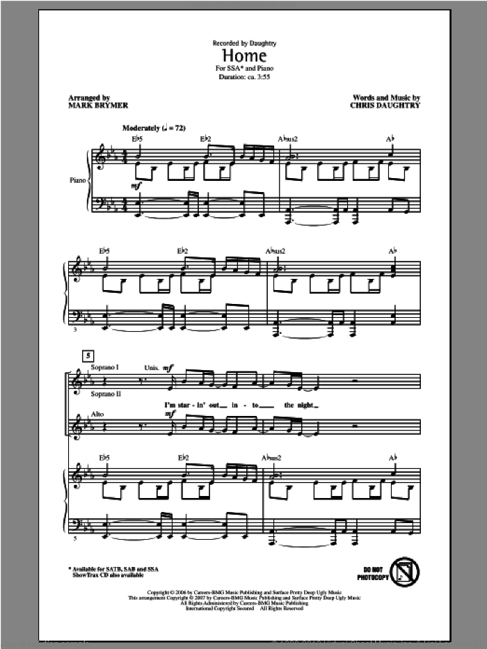 Home sheet music for choir (SSA: soprano, alto) by Mark Brymer and Daughtry, intermediate skill level