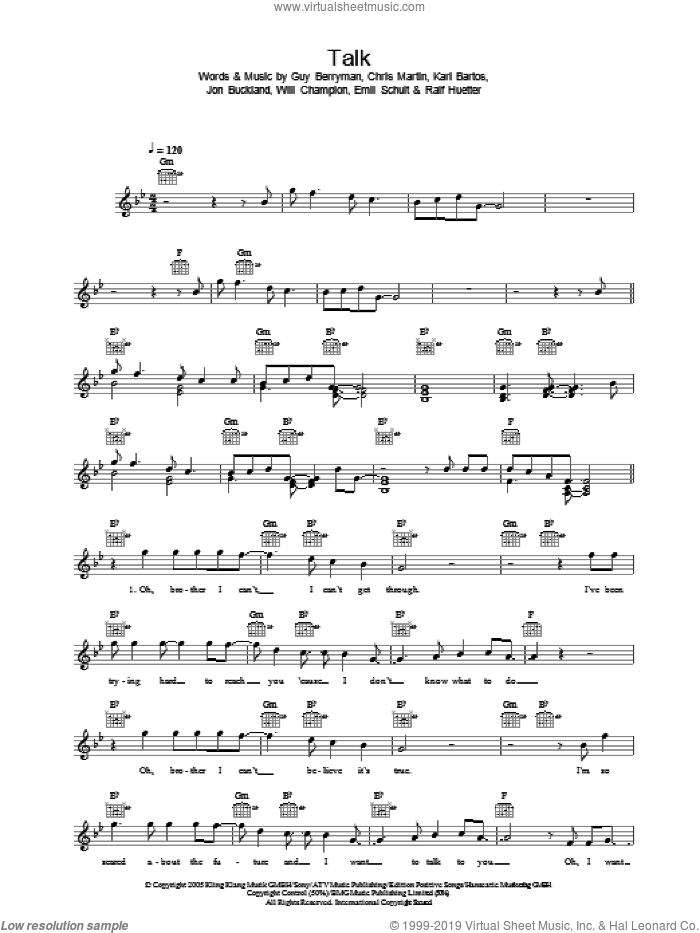 Talk sheet music for voice and other instruments (fake book) by Coldplay, Chris Martin, Emil Schult, Guy Berryman, Jon Buckland, Karl Bartos, Ralf Hutter and Will Champion, intermediate skill level