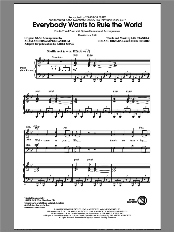 Everybody Wants To Rule The World Sheet Music, Tears for Fears