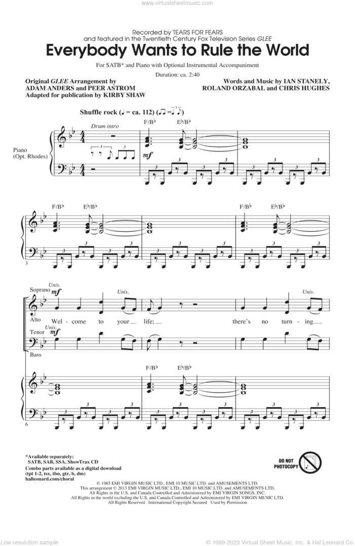 Everybody Wants To Rule The World sheet music for choir (SATB: soprano, alto, tenor, bass) by Kirby Shaw, Glee Cast and Tears For Fears, intermediate skill level
