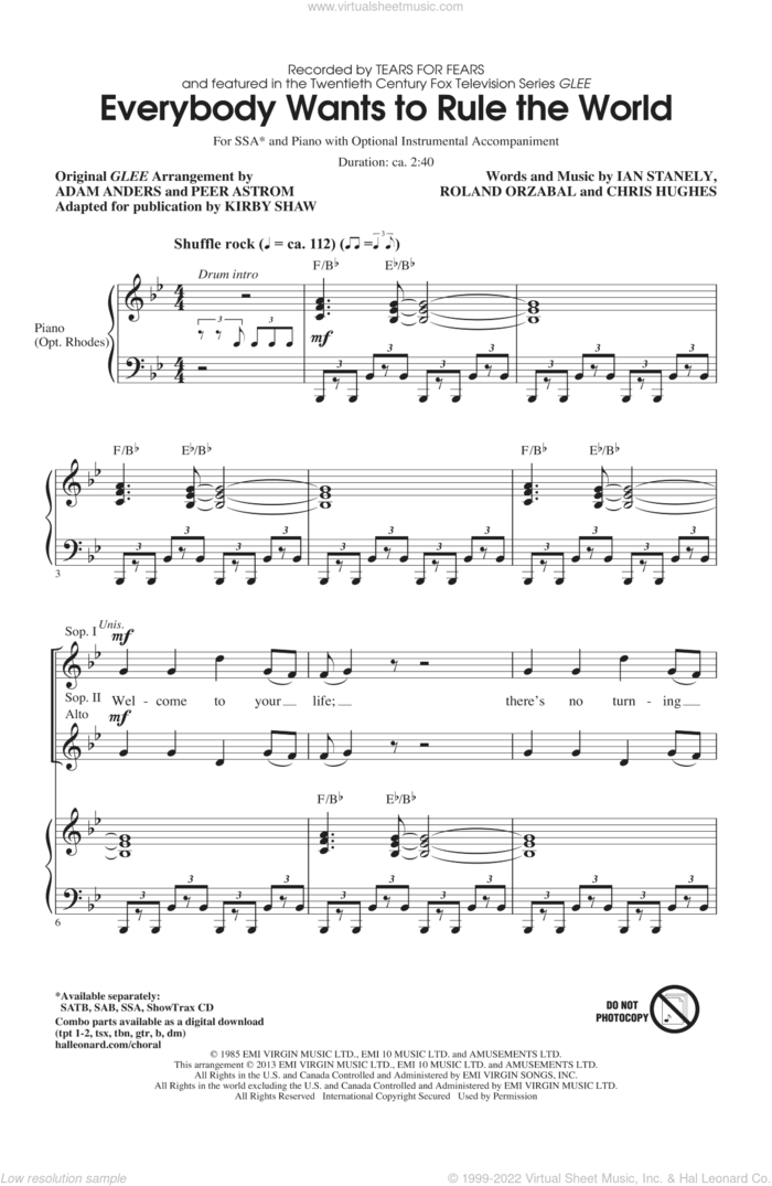 Everybody Wants To Rule The World sheet music for choir (SSA: soprano, alto) by Kirby Shaw, Glee Cast and Tears For Fears, intermediate skill level