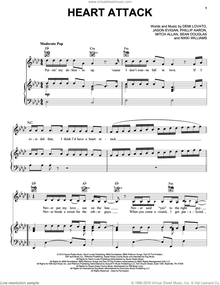 Heart Attack sheet music for voice, piano or guitar by Demi Lovato, intermediate skill level