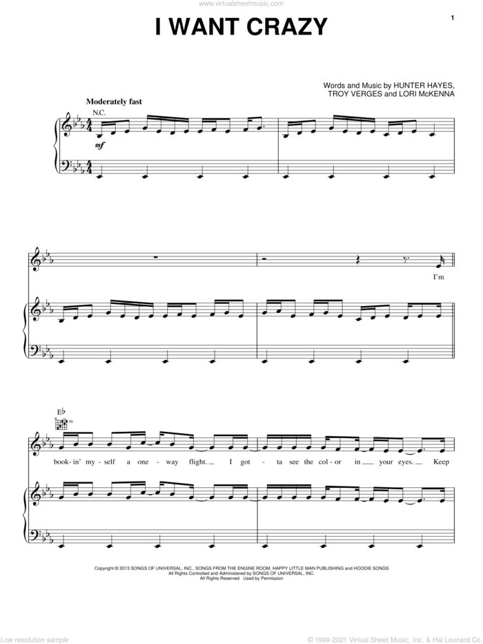 I Want Crazy sheet music for voice, piano or guitar by Hunter Hayes, intermediate skill level
