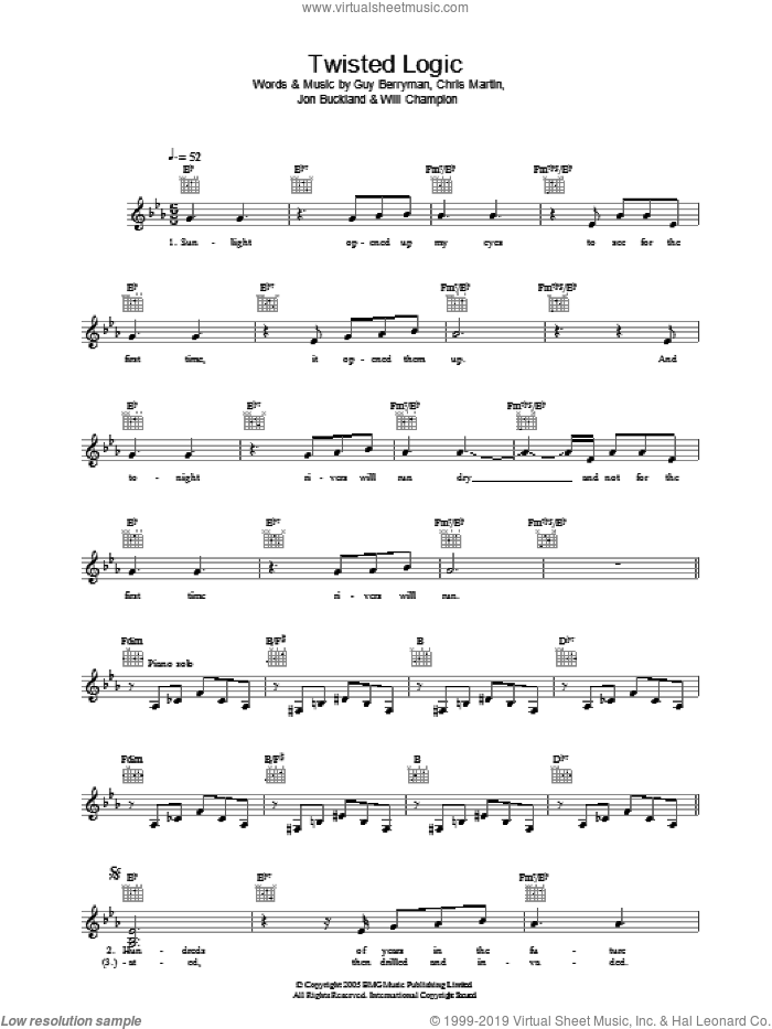 Twisted Logic sheet music for voice and other instruments (fake book) by Coldplay, Chris Martin, Guy Berryman, Jon Buckland and Will Champion, intermediate skill level