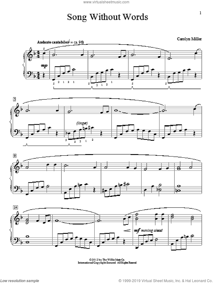 Song Without Words sheet music for piano solo (elementary) by Carolyn Miller, classical score, beginner piano (elementary)