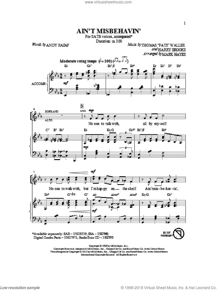 Ain't Misbehavin' sheet music for choir (SATB: soprano, alto, tenor, bass) by Mark Hayes and Thomas Waller, intermediate skill level