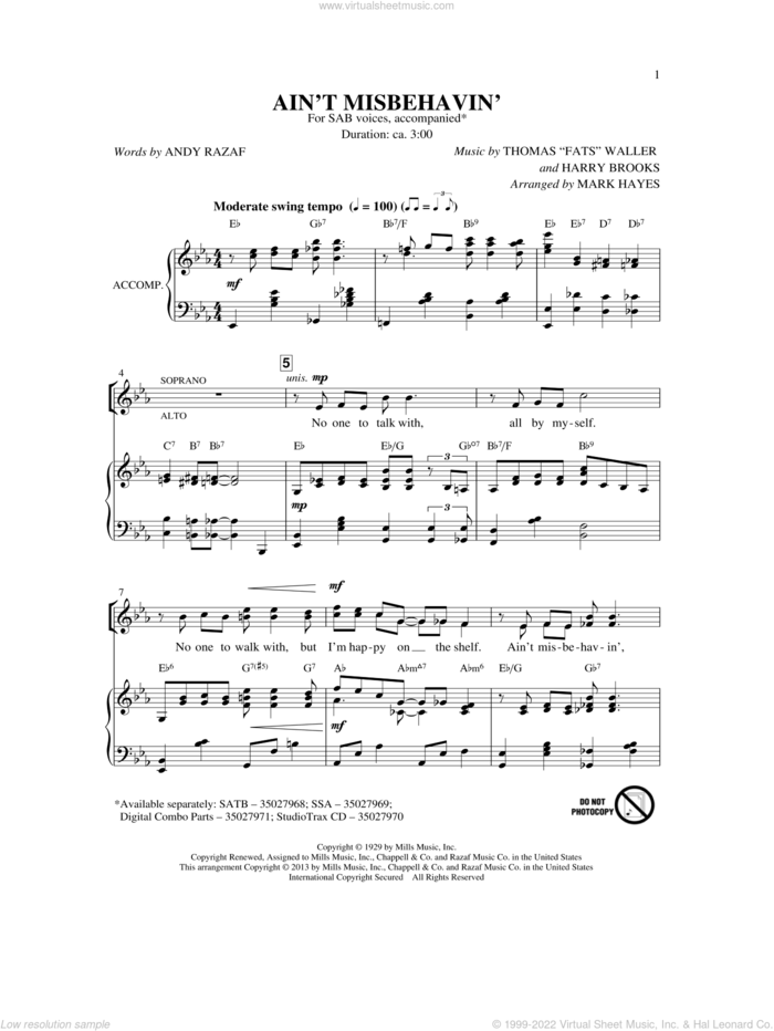 Ain't Misbehavin' sheet music for choir (SAB: soprano, alto, bass) by Mark Hayes and Thomas Waller, intermediate skill level