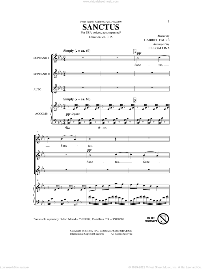 Sanctus (arr. Jill Gallina) sheet music for choir (SSA: soprano, alto) by Gabriel Faure and Jill Gallina, intermediate skill level